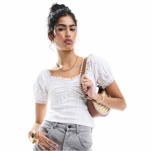 ASOS DESIGN puff sleeve eyelet milkmaid top with lace trim in white